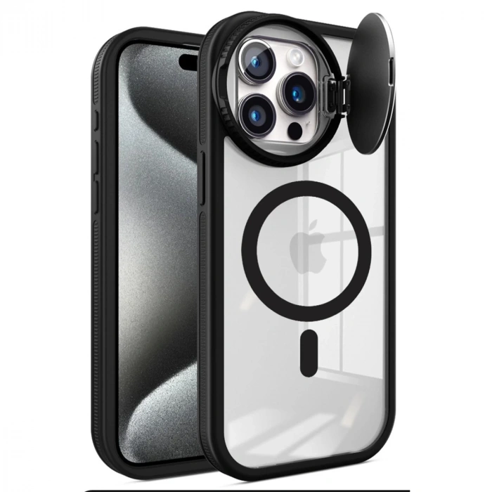 İphone 15 Pro Max Kılıf Teleskop Lens Magsafe Silikon Kapak - Siyah