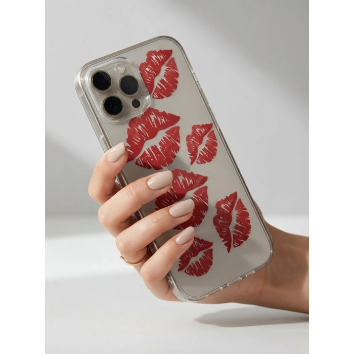 iPhone 15 Pro Max Kırmızı Dudak / Öpücük Desenli Şeffaf Telefon Kılıfı