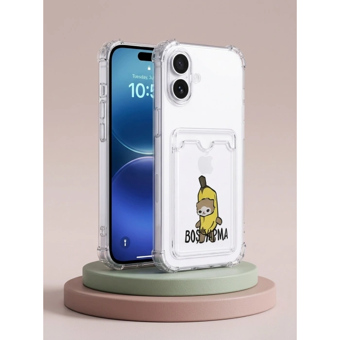 iPhone 16 Boş Yapma Muz Detaylı Kart Bölmeli Şeffaf Telefon Kılıfı