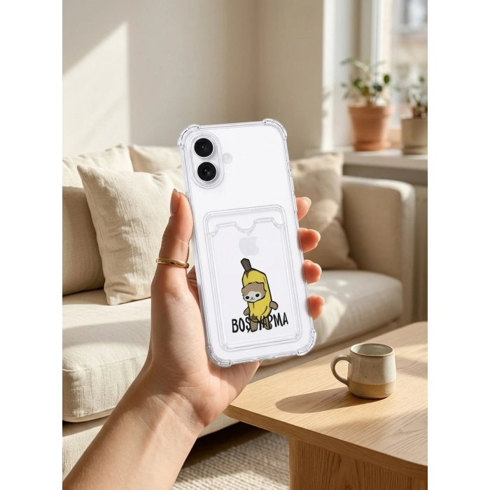 iPhone 16 Boş Yapma Muz Detaylı Kart Bölmeli Şeffaf Telefon Kılıfı
