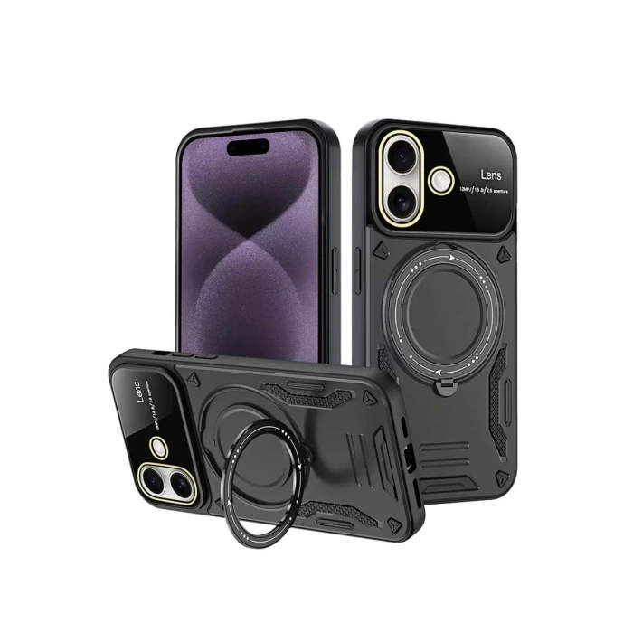 İphone 16 Kılıf Joy Lens Standlı Kapak - Siyah
