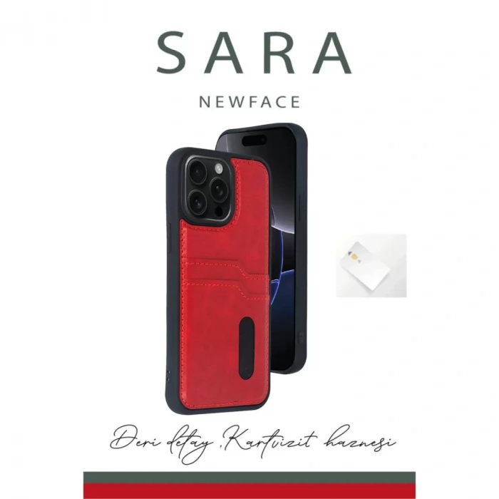 İphone 16 Kılıf Sara Kartvizitli Deri Kılıf - Kırmızı