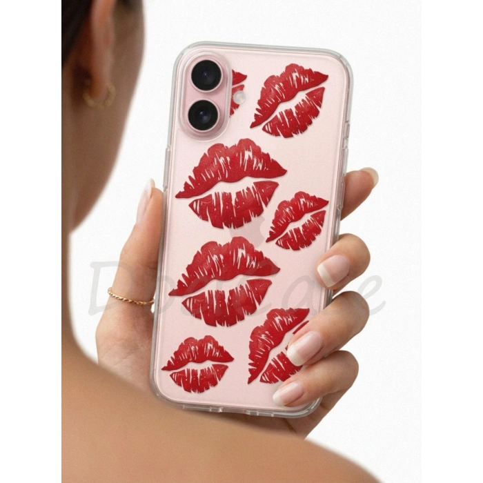 İphone 16 Kırmızı Dudak / Öpücük Desenli Şeffaf Telefon Kılıfı