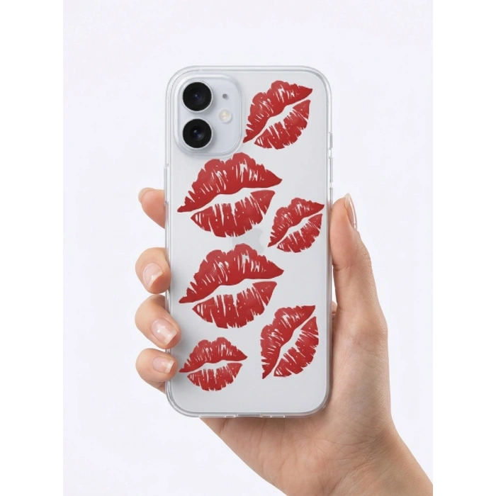 İphone 16 Kırmızı Dudak / Öpücük Desenli Şeffaf Telefon Kılıfı