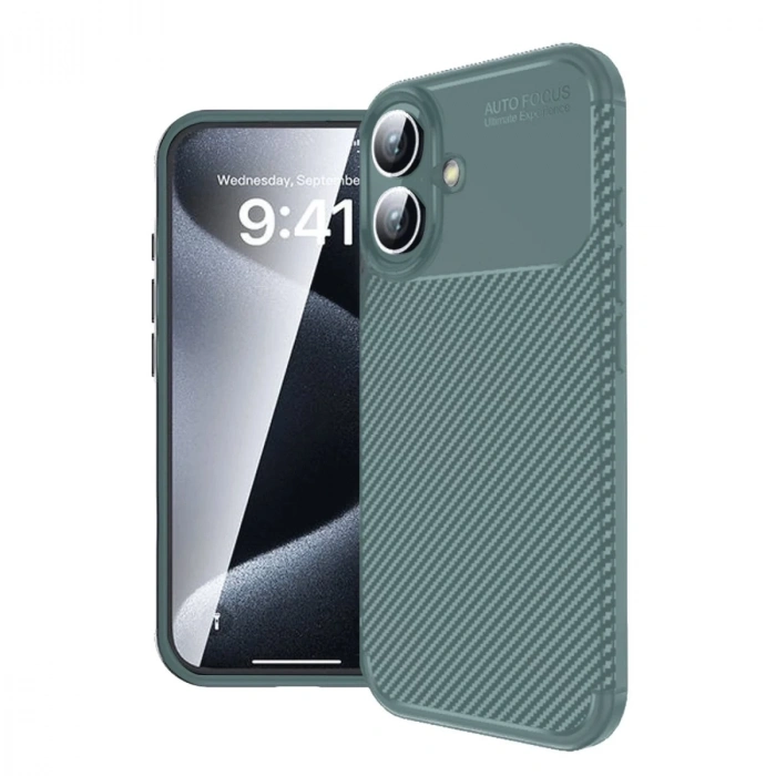 İphone 16 Plus Kılıf Auto Focus Karbon Kapak - Koyu Yeşil