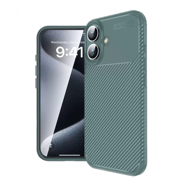 İphone 16 Plus Kılıf Auto Focus Karbon Kapak - Koyu Yeşil