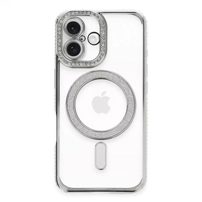 İphone 16 Plus Kılıf Joke Simli Magneticsafe Kılıf - Gümüş