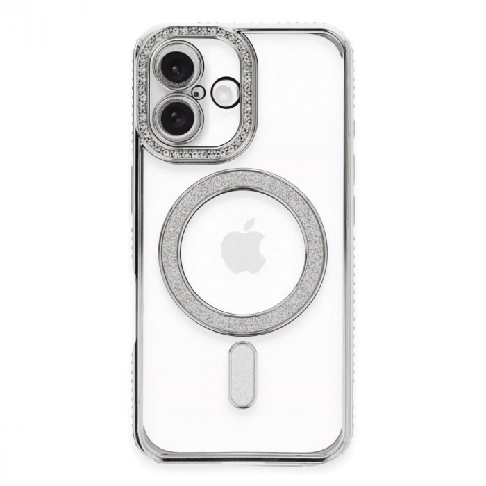 İphone 16 Plus Kılıf Joke Simli Magneticsafe Kılıf - Gümüş