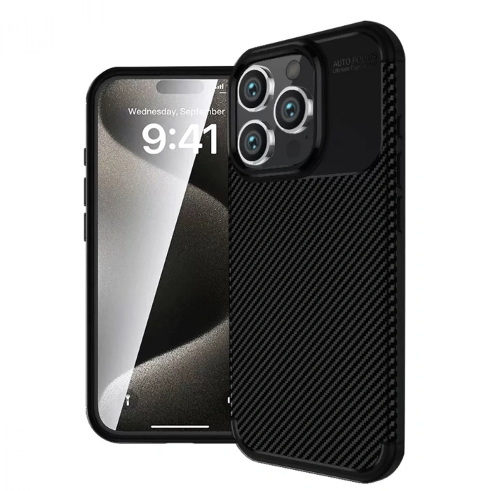 İphone 16 Pro Kılıf Auto Focus Karbon Kapak - Siyah