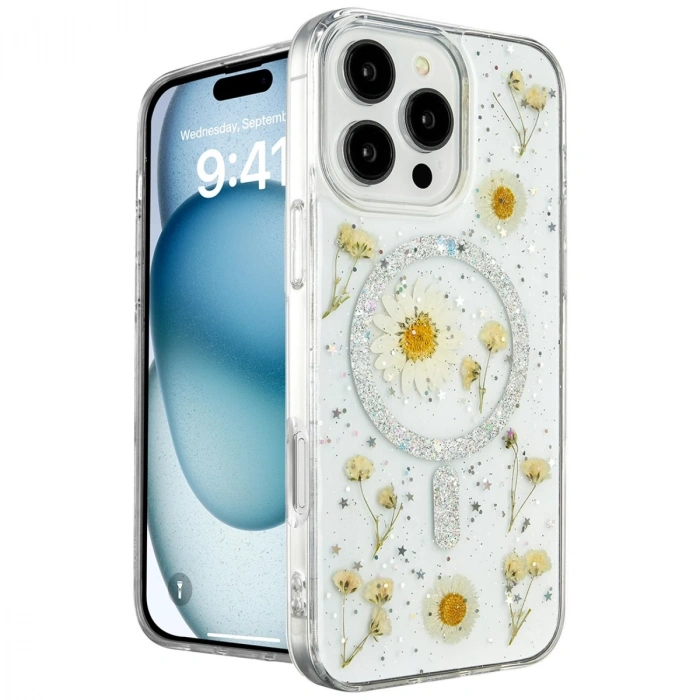 İphone 16 Pro Kılıf Daisy Simli Magsafe Kapak - Gümüş