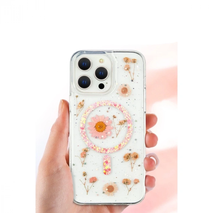 İphone 16 Pro Kılıf Daisy Simli Magsafe Kapak - Pembe