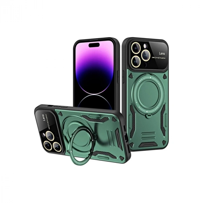 İphone 16 Pro Kılıf Joy Lens Standlı Kapak - Koyu Yeşil