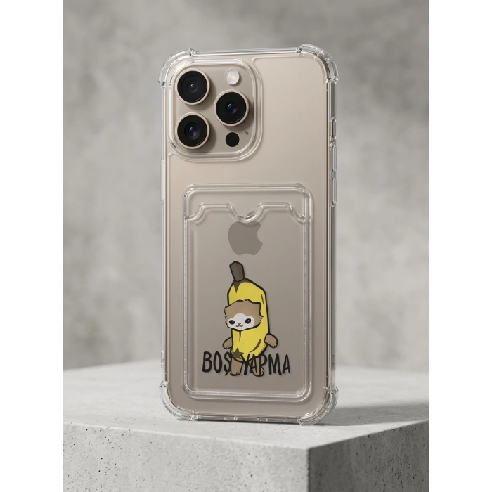 iPhone 16 Pro Max Boş Yapma Muz Detaylı Kart Bölmeli Şeffaf Telefon Kılıfı