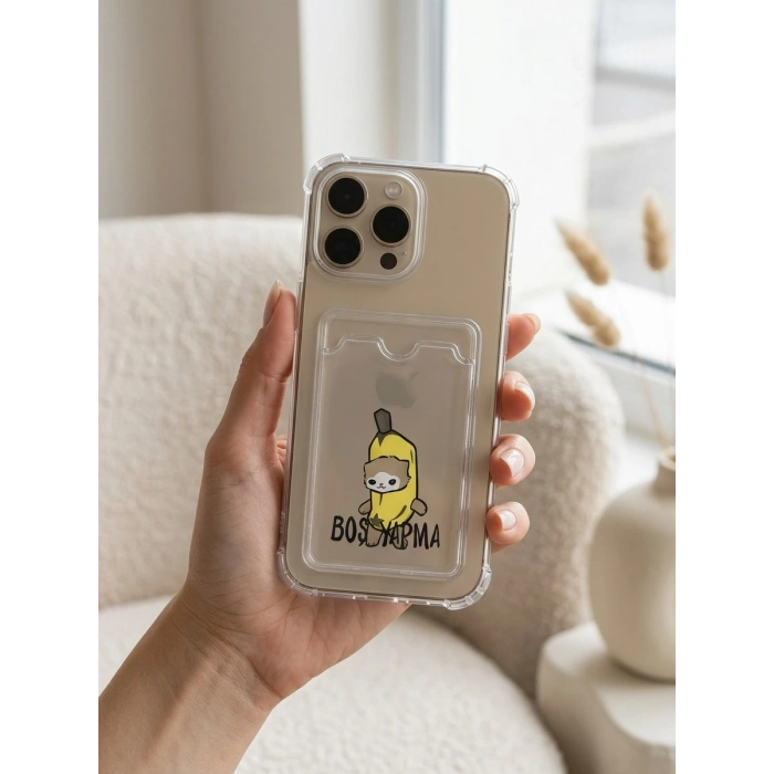 iPhone 16 Pro Max Boş Yapma Muz Detaylı Kart Bölmeli Şeffaf Telefon Kılıfı