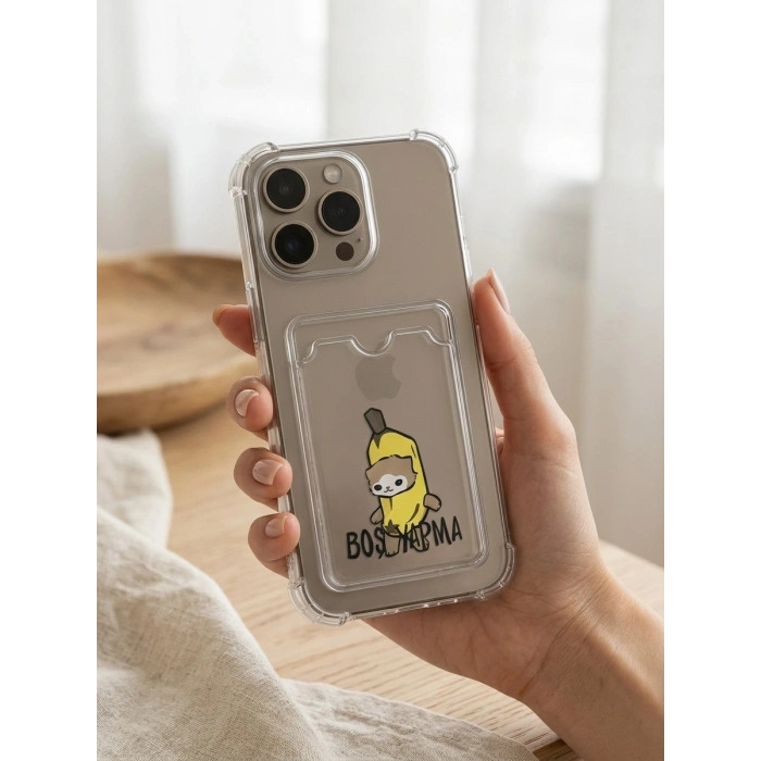 iPhone 16 Pro Max Boş Yapma Muz Detaylı Kart Bölmeli Şeffaf Telefon Kılıfı