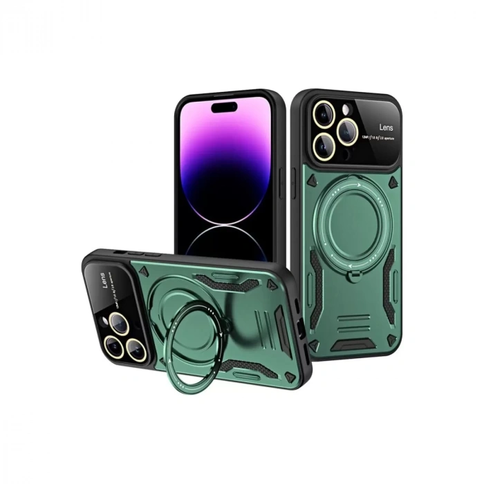 İphone 16 Pro Max Kılıf Joy Lens Standlı Kapak - Koyu Yeşil