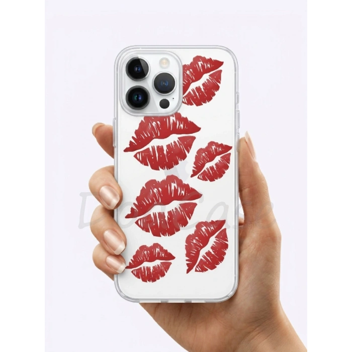 İphone 16 Pro Max Kırmızı Dudak / Öpücük Desenli Şeffaf Telefon Kılıfı