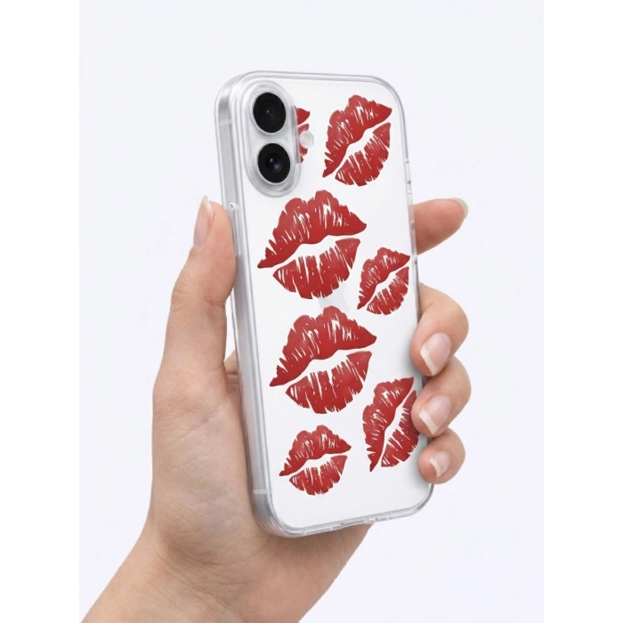 İphone 17 Kırmızı Dudak / Öpücük Desenli Şeffaf Telefon Kılıfı