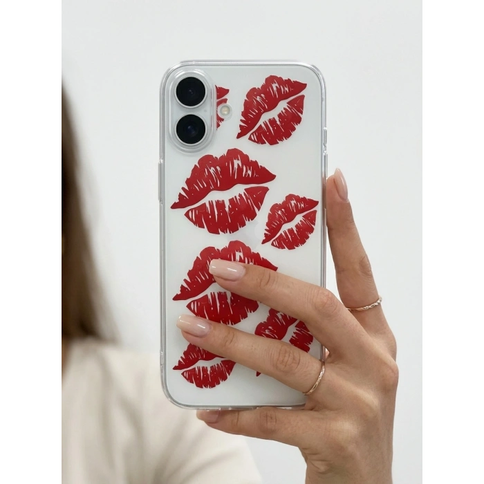 İphone 17 Kırmızı Dudak / Öpücük Desenli Şeffaf Telefon Kılıfı