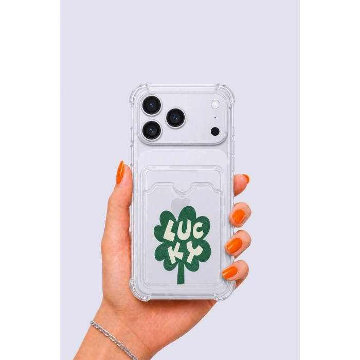 iPhone 17 Pro Max Kartlıklı Lucky Yonca Desenli Kılıf
