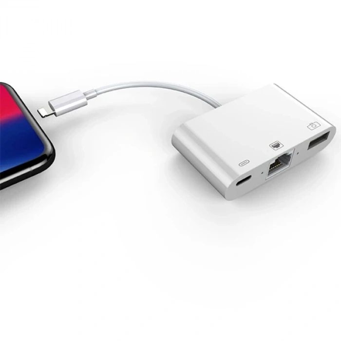 İPhone/İPad 3İN1 Ethernet RJ45 Ve Usb Kamera Adaptörü NK107-(5775)