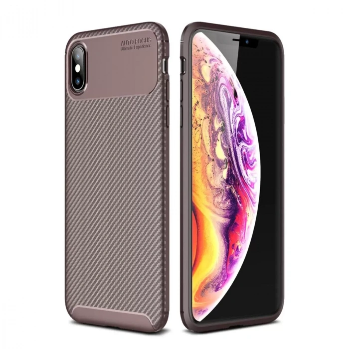 İphone Xs Max Kılıf Auto Focus Karbon Kapak - Kahverengi