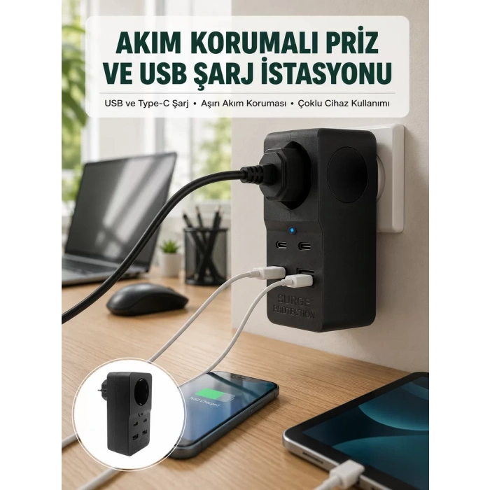 Isıya Dayanıklı PC Gövdeli Akım Korumalı Priz 4 USB Yeni Nesil