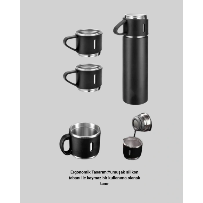 Isıyı Uzun Süre Koruyan 500 ml Termos Seti | Çelik Gövde 2 Bardaklı Hediye Kutulu