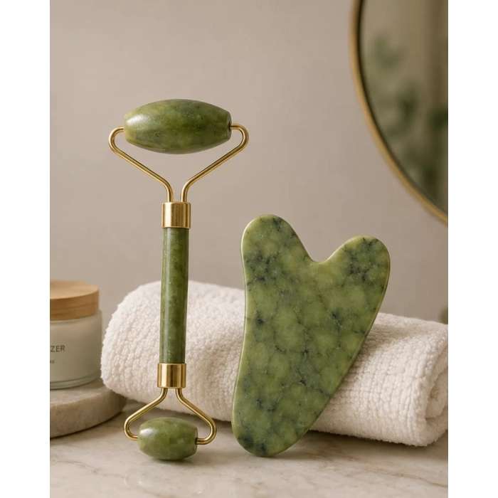 Jade Roller ve Gua Sha Taşı Yüz Bakım Masaj Seti