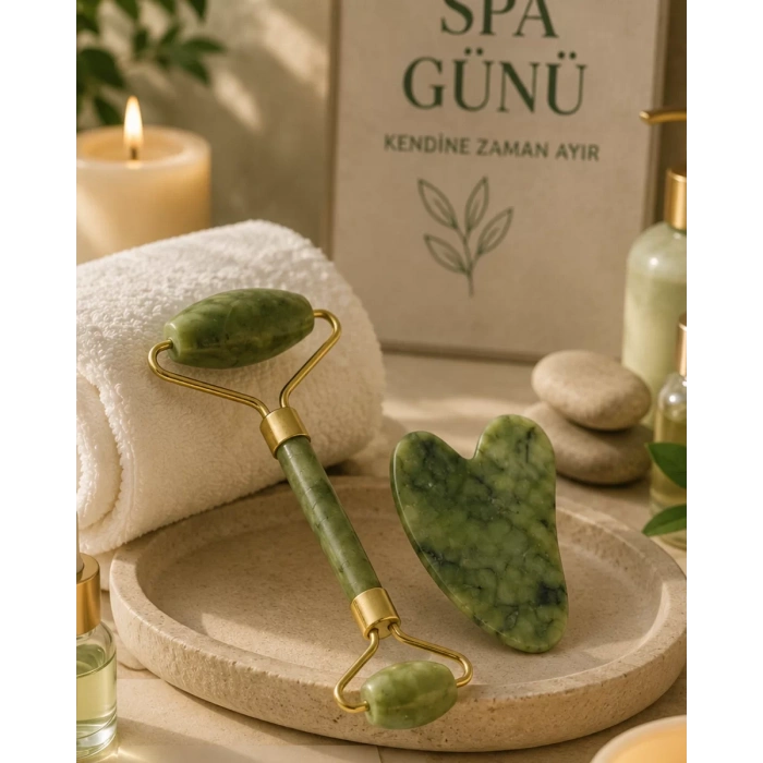 Jade Stone Yüz Bakım Seti Gua Sha ve Roller Masaj Taşı