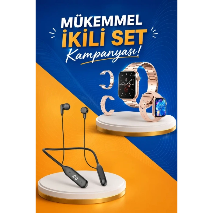 Kablolu Bluetooth Kulaklık ve Kadınlara Özel Bileklik Hediyeli Yeni Nesil Akıllı Saat 3 Kordonlu