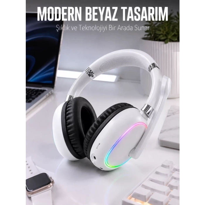 Kablosuz Bluetooth Mikrofonlu Beyaz Kulaklık  RGB Işıklı