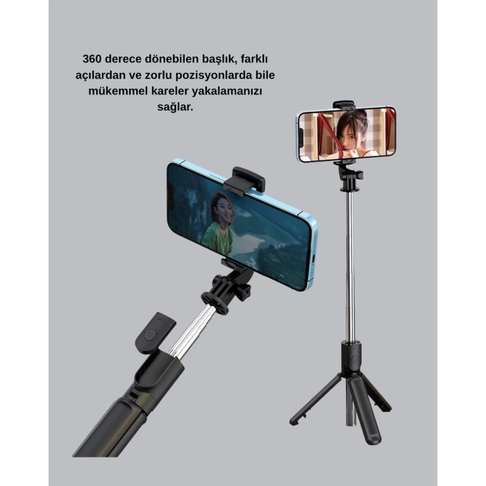 Kablosuz Bluetooth Selfie Çubuğu – 360° Dönebilir Başlık Taşınabilir ve Şık Tasarım