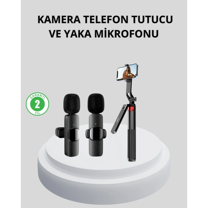 Kablosuz Çift Yaka Mikrofonu ve Tripodlu Selfie Çubuğu İçerik Üretici Seti