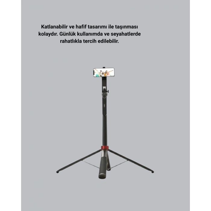 Kablosuz Çift Yaka Mikrofonu ve Tripodlu Selfie Çubuğu İçerik Üretici Seti