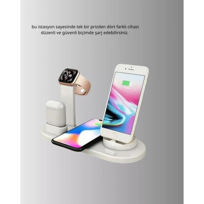 Kablosuz Şarj İstasyonu 4’ü 1 Arada iPhone Watch ve AirPods Uyumlu