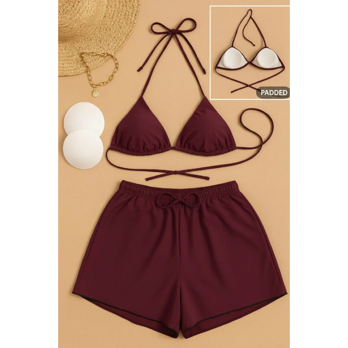 Kadın 3lü Set Bordo Şortlu ve Yandan Bağlamalı Bikini Mayo Takımı