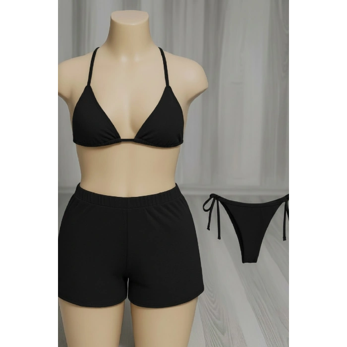Kadın 3lü Set Siyah Şortlu ve Yandan Bağlamalı Bikini Mayo Takımı
