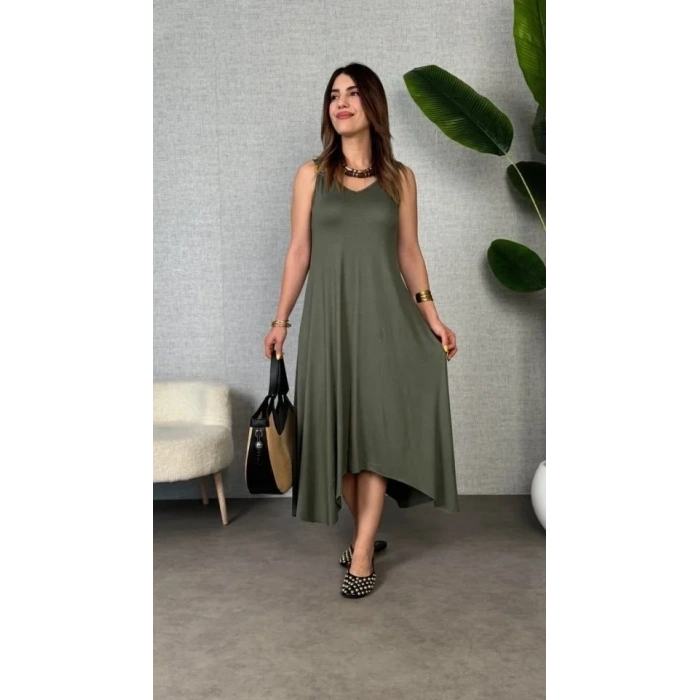 Kadın Askılı V Yakalı Halka Detaylı Asimetrik Kesim Detaylı Viskon Maxi Elbise
