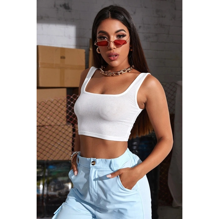 Kadın Beyaz Kalın Askılı Crop Top Büstiyer