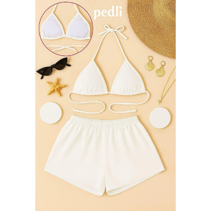 Kadın Beyaz Şortlu Belden ve Boyundan Bağlamalı Bikini Takımı