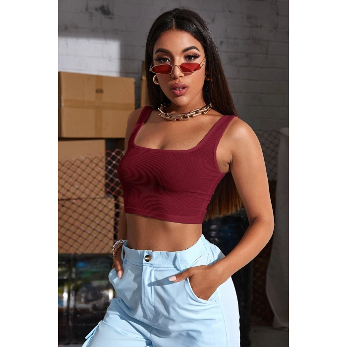 Kadın Bordo Kalın Askılı Crop Top Büstiyer