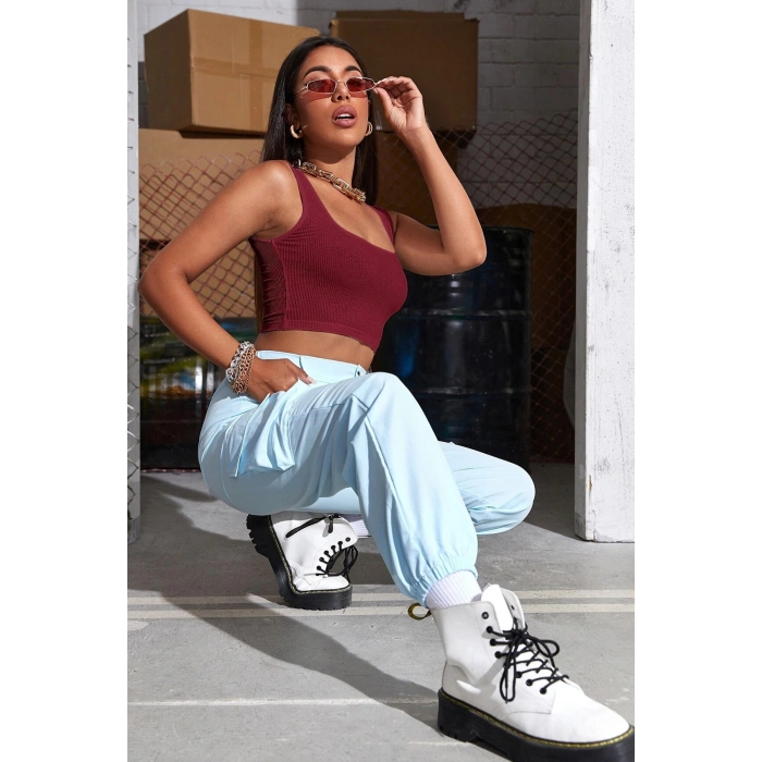 Kadın Bordo Kalın Askılı Crop Top Büstiyer