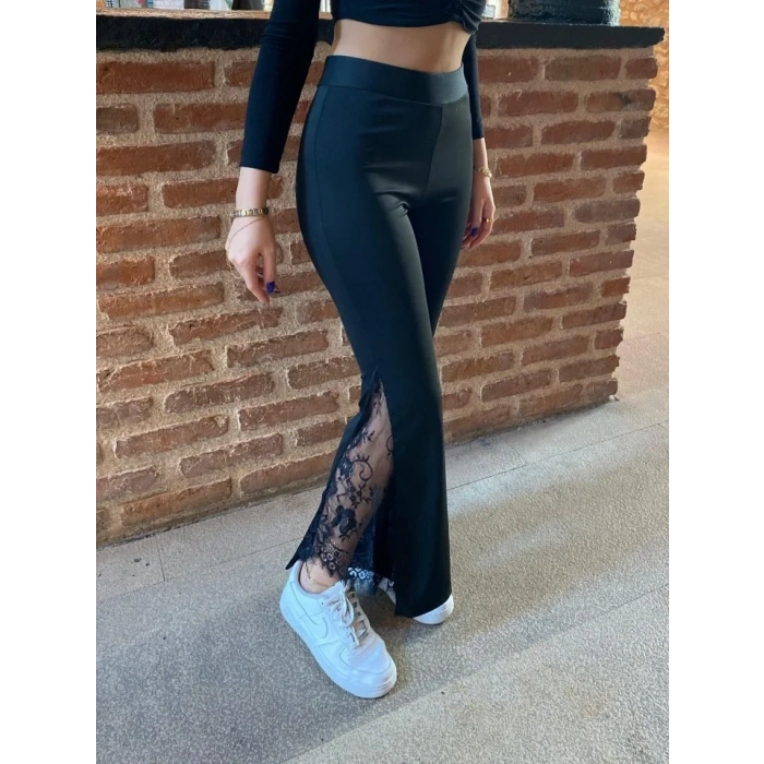 Kadın Dantel Eklemeli Ispanyol Paça Scuba Tayt Pantalon