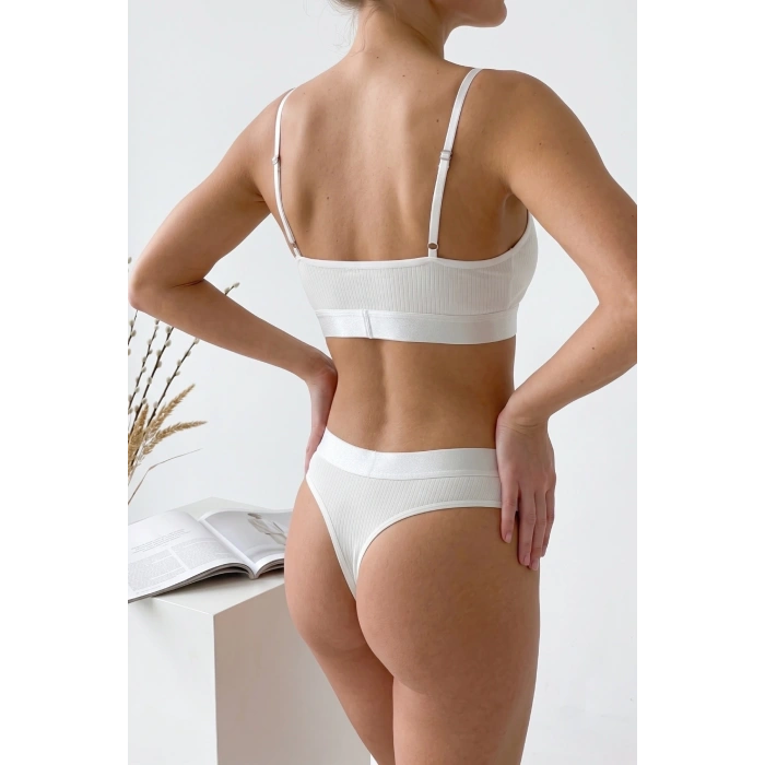 Kadın Ekru Çıkarılabilir Pedli Fitilli Dantelli Bralet Takımı