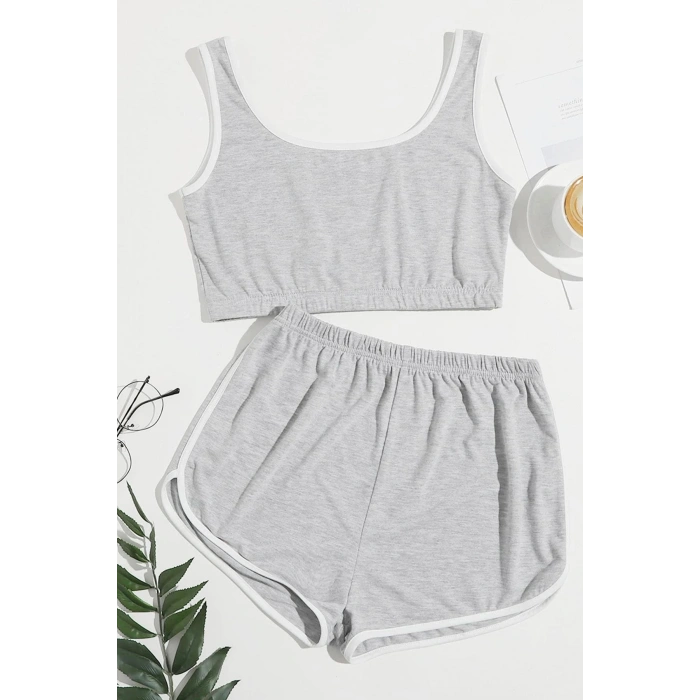 Kadın Gri Askılı Crop Top ve Şortlu Gecelik Takım H110559