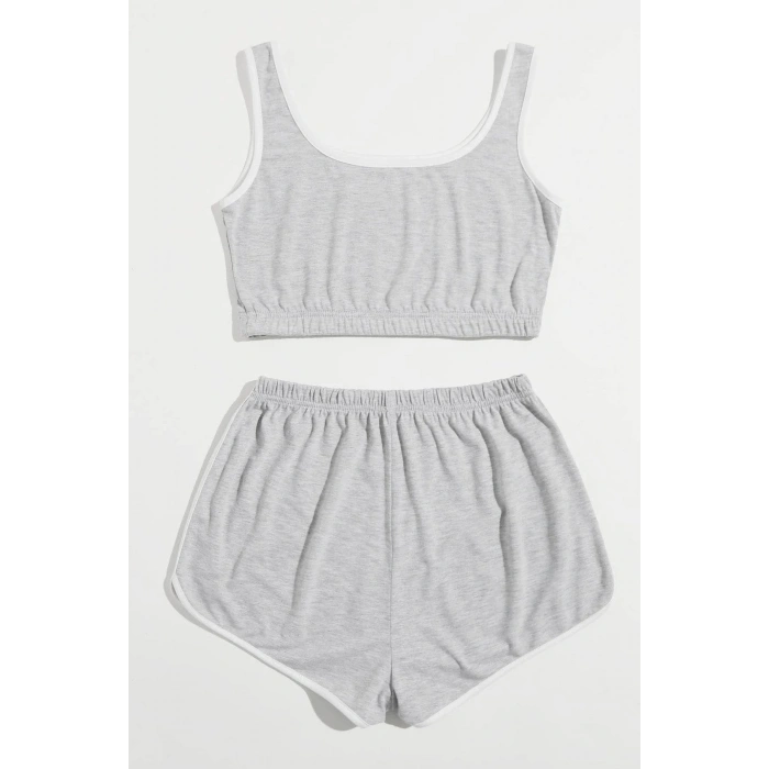 Kadın Gri Askılı Crop Top ve Şortlu Gecelik Takım H110559