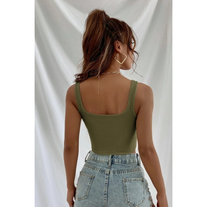 Kadın Haki Yeşili Kalın Askılı Crop Top Büstiyer