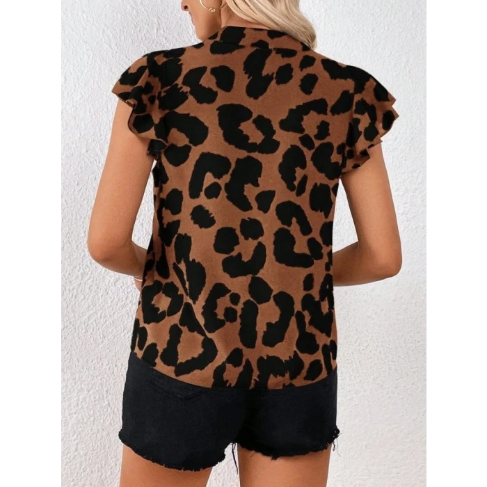 Kadın Kısa Fırfır Kollu V Yakalı Leopar Desenli Süprem Bluz