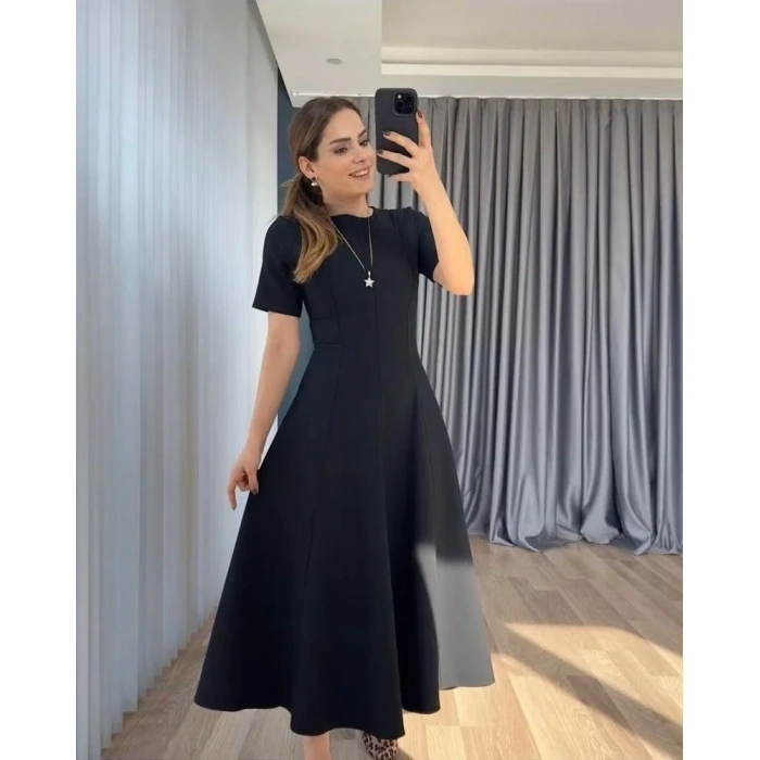 Kadın Kısa Kollu Bisiklet Yaka Maksi Boy Ithal Krep Elbise